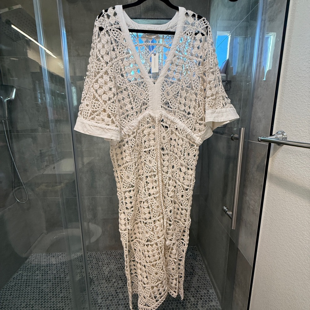 Women's White Crochet Swim Coverup Kaftan